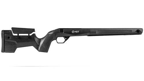 MDT CRBN Hunter Kit offers a lightweight carbon fiber stock, stable magnesium chassis, vibration absorption, and versatile mounting options for optimal shooting comfort.